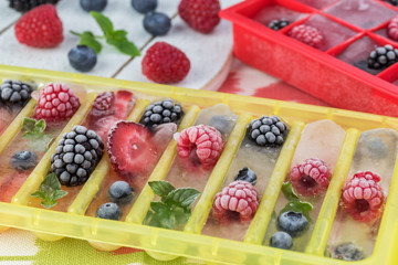 Different shapes of ice with berries.