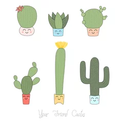 Fotobehang Set of hand drawn cute funny cacti in pots with smiling faces and pink cheeks, with text Your friend cactus. © Maria Skrigan