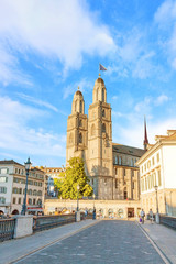 Naklejka na ściany i meble Minster Grossmunster of Zurich - view from bridge 