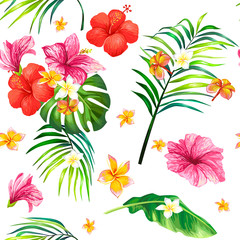 Vector realistic illustration, seamless pattern with tropical hibiscus flowers and palm leaves. Tropical print, template, design element for wallpaper, textile, wrapping paper, etc.