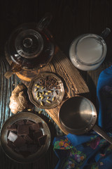 ingredients for vegetarian chocolate truffles on the wooden table vertical