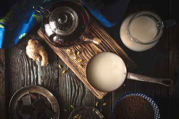 Still life with ingredients for chocolate truffles top view