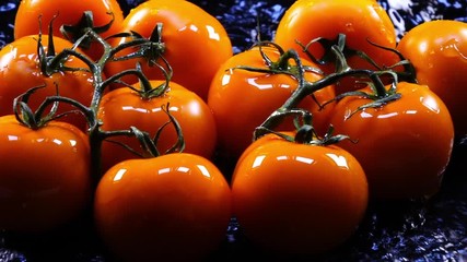 Amazing waterfall and splashing on fresh orange tomatoes on vine, laying in shallow water on black background in back-light. Excellent slow motion in full HD. Shooting with high-speed, 240fps, camera. - Powered by Adobe
