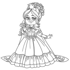 Beautiful princess with a flower in her hand and a long cloak outlined for coloring book isolated on white background