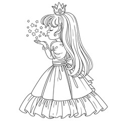 Beautiful princess girl blows off the magic shiny stars outlined isolated on white background