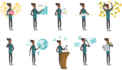 Young african-american businessman set. Businessman holding piggy bank, pointing at chart, standing under money rain. Set of vector flat design cartoon illustrations isolated on white background.