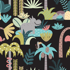 Seamless pattern with rain forest and animals