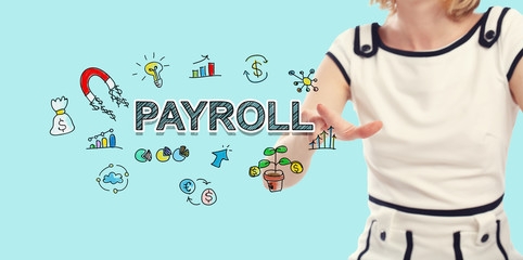 Payroll text with young woman on a blue background
