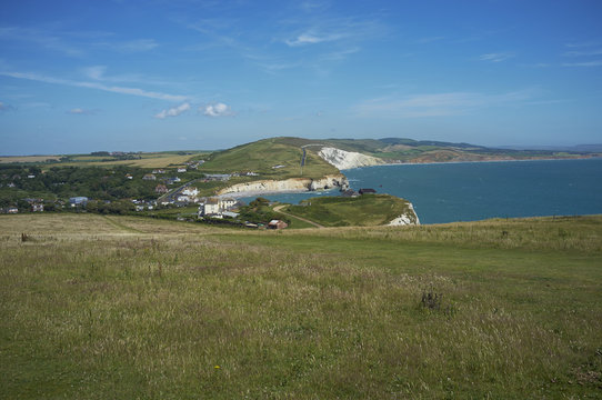 Rural landscape and cliffs on Tennyson Down on the Isle of Wight, off the south coast of the United Kingdom.