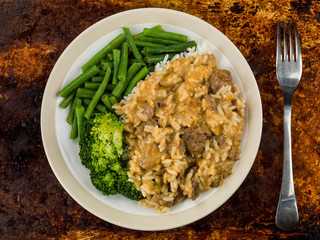 Beef Stroganoff With Long Grain Rice Green Beans and Broccoli
