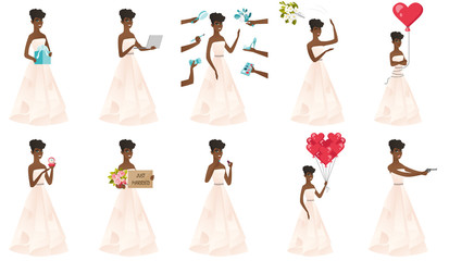 Young african-american bride tossing a bouquet of flowers. Bride in a long white throwing a bouquet of flowers at the wedding. Set of vector flat design illustrations isolated on white background.