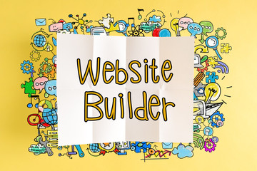 Website Builder text with colorful illustrations on a yellow background