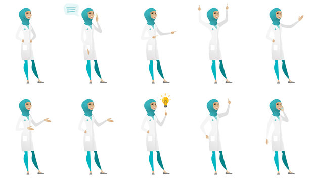 Young muslim doctor set. Doctor laughing, giving a speech, pointing to the side, standing with raised arms up, gesticulating. Set of vector flat design illustrations isolated on white background.