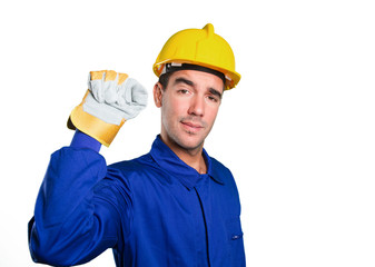 Serious worker challenging on white background