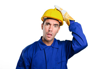 Puzzled worker on white background