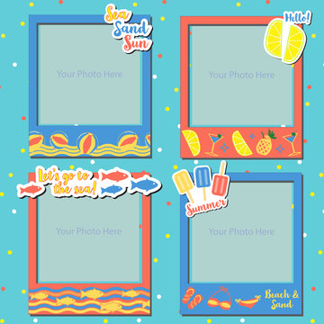 A set of hot Summer photo frames for scrapbook, gift, paper, card, craft items in pattern and bikini, sandals, ball, fish with orange, pink, yellow color and lemon, lime, on blue color background.
