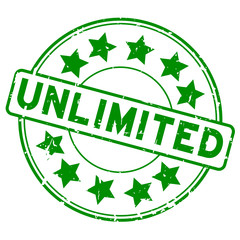 Grunge green unlimited with star icon round rubber seal stamp