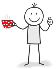 Figur mit Daumen hoch und Kaffee Tasse in der Hand