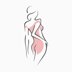 Naklejka na ściany i meble Sexy fitness figure of a girl in the evening dress. Intimate sexy lady, model in a pose. Lovely elastic ass bikini zone. Drawn graphics for design, background