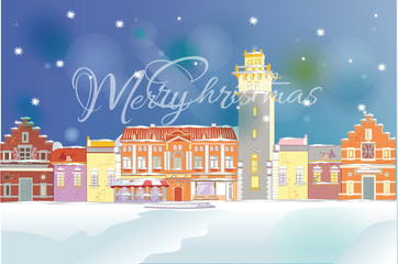 Christmas greeting card. Snow-covered street in the old city. Vector illustration.