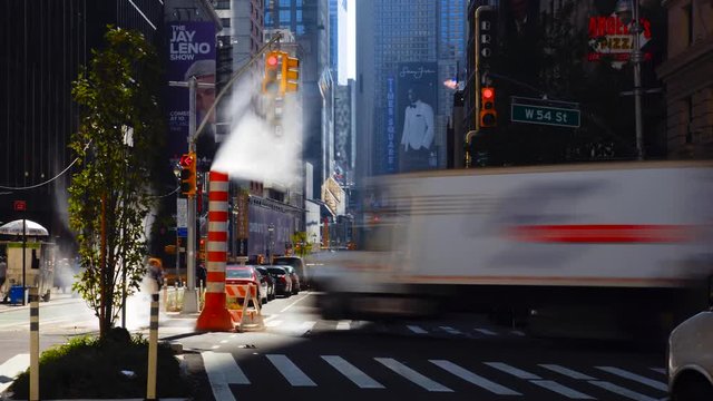 USA, New York, Manhattan, Broadway towards Times Square, Steam Vent