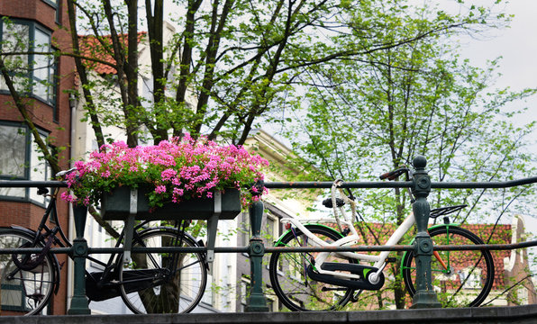Pair of Bicycles on Bridge in Amsterdam