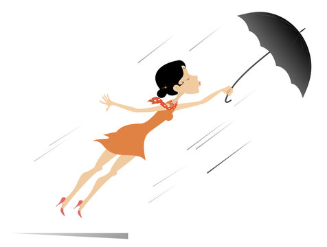 Young woman, umbrella and windy day isolated. Young woman being gone with the wind trying to hold an umbrella  
