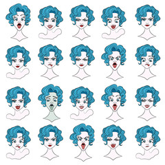 Set of blue-haired Girl emoticons