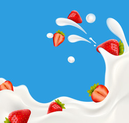 Splashing milk wave with strawberry berries vector illustration for yogurt or milk product label and packaging design or advertising needs