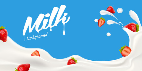 Splashing milk wave with strawberry berries vector illustration for yogurt or milk product label and packaging design or advertising needs