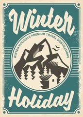 Winter holidays travel destinations, retro poster design on old paper texture © lukeruk