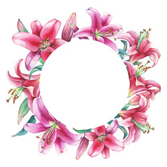 Banner, floral round frame with a pink lilies, isolated on white background. Watercolor hand drawn painting illustration