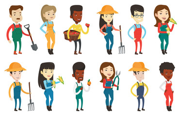 Happy farmer in summer hat standing with a pitchfork. Caucasian farmer holding a pitchfork. Young farmer working with a pitchfork. Set of vector flat design illustrations isolated on white background.