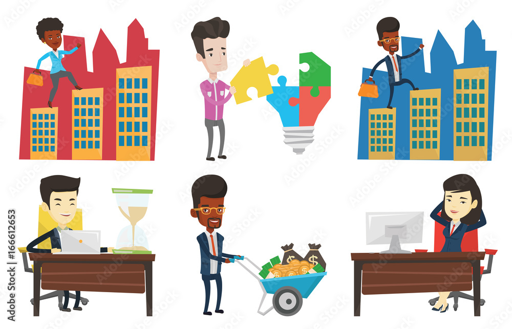 Sticker Businessman walking on the roofs of city buildings. Man walking on the roofs of skyscrapers. Businessman walking to the success. Set of vector flat design illustrations isolated on white background.