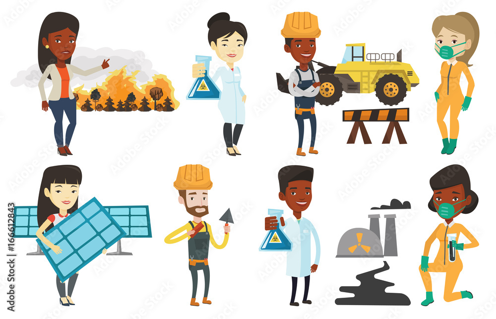 Sticker Asian worker of solar power plant holding solar panel. Woman with panel in hands standing on the background of solar power plant. Set of vector flat design illustrations isolated on white background.