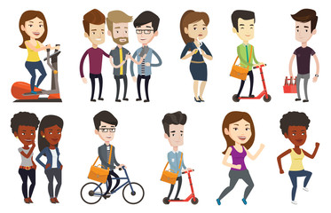 Young woman exercising on elliptical trainer. Woman working out using elliptical trainer at the gym. Girl using elliptical trainer. Set of vector flat design illustrations isolated on white background