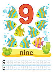 Printable worksheet for kindergarten and preschool. We train to write numbers. Math exercises. Bright figures on a marine background with cute marine life. Number 9 and tropical fishes
