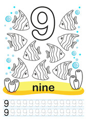 Coloring printable worksheet for kindergarten and preschool. We train to write numbers. Math exercise. Bright figures on a marine background. Number 9 and tropical fishes.