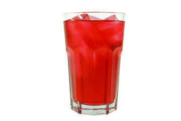 Strawberry favour soft drink in clear glass isolated on white background