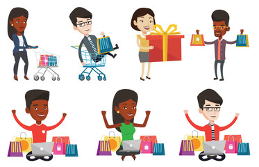 Young carefree customer having fun while riding in supermarket cart. Man with a lot of shopping bags sitting in supermarket cart. Set of vector flat design illustrations isolated on white background.