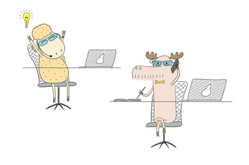 Hand drawn vector illustration of a funny sheep and moose as office workers, talking on the phone.