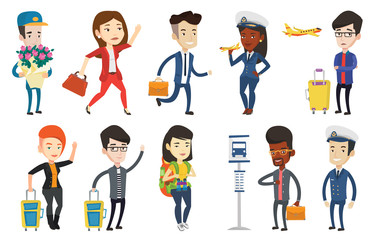 Airplane passenger frightened by future flight. Young man suffering from fear of flying. Terrified passenger waiting for a flight. Set of vector flat design illustrations isolated on white background.