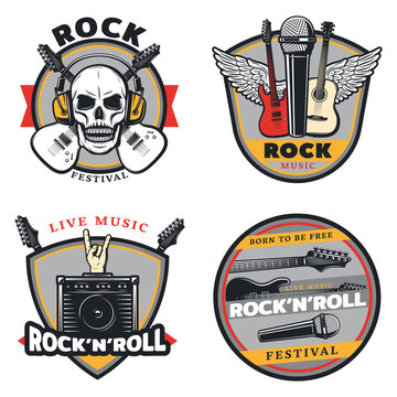 Vintage Colored Rock Music Emblems Set