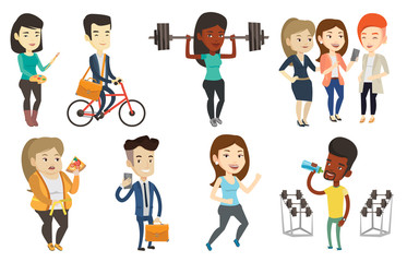 Sporty woman lifting a heavy weight barbell. Strong sportswoman doing exercise with barbell. Female weightlifter holding a barbell. Set of vector flat design illustrations isolated on white background