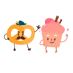 Vector sweet humanized character set. pretzel , cupcake with arms and legs in hat. Flat cartoon isolated illustration on a white background. Funny smiley dessert with mustache.