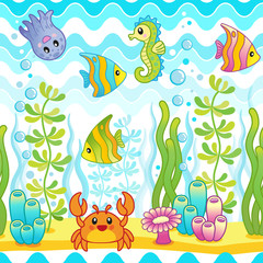 Fototapeta na wymiar seamless pattern with underwater design and funny sea creatures. Aquarium Party Surface Design with Bright fishes, red crab, octopus and seahorse