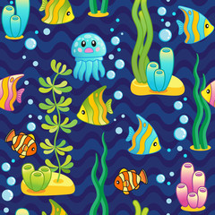 seamless pattern with underwater design and funny sea creatures. Aquarium Party Surface Design with Bright tropical fishes on the dark background