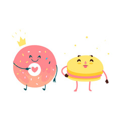 Vector sweet humanized character set. Donut in gold crown and macaroon with arms and legs. Flat cartoon isolated illustration on a white background. Funny smiley dessert