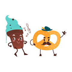 Vector sweet humanized character set. Pretzel with mustache in hat, chocolate cake with arms and legs in hat. Flat cartoon isolated illustration on a white background. Funny smiley dessert .