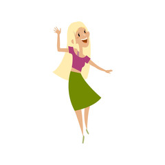 Vector blond girl in green skirt funny dances. Flat cartoon illustration isolated on a white background. Female long-haired blond teenager in casual clothing having fun dancing and smiling cheerfully.